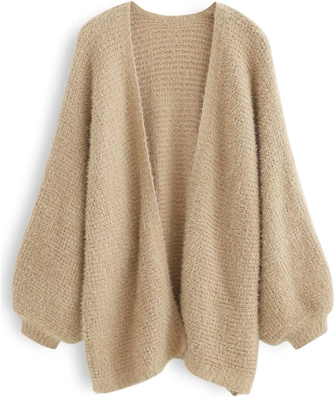 CHICWISH Women Fuzzy Open Front Waffle Knit Cardigan Long Lantern Sleeve Oversize Classy Cozy Cardigan Sweater Tan/Pink/Blue