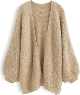 CHICWISH Women Fuzzy Open Front Waffle Knit Cardigan Long Lantern Sleeve Oversize Classy Cozy Cardigan Sweater Tan/Pink/Blue