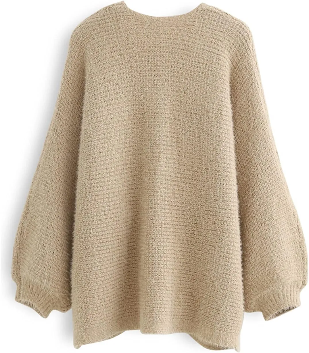 CHICWISH Women Fuzzy Open Front Waffle Knit Cardigan Long Lantern Sleeve Oversize Classy Cozy Cardigan Sweater Tan/Pink/Blue