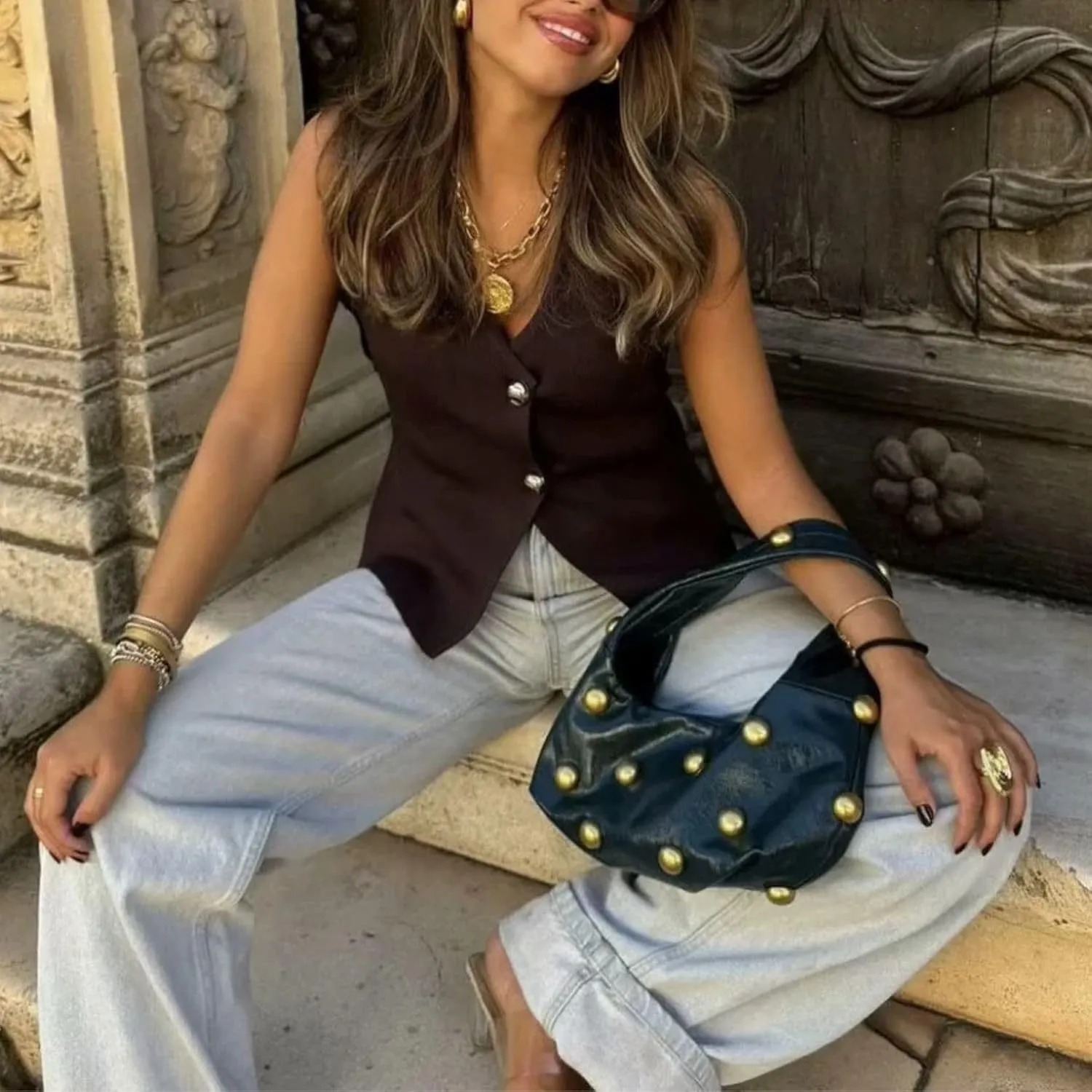 FindThy Womens Cropped Knit Vest V Neck Button Up Solid Color Sleeveless Gilet Tank Tops