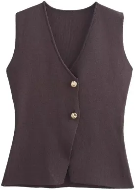 FindThy Womens Cropped Knit Vest V Neck Button Up Solid Color Sleeveless Gilet Tank Tops