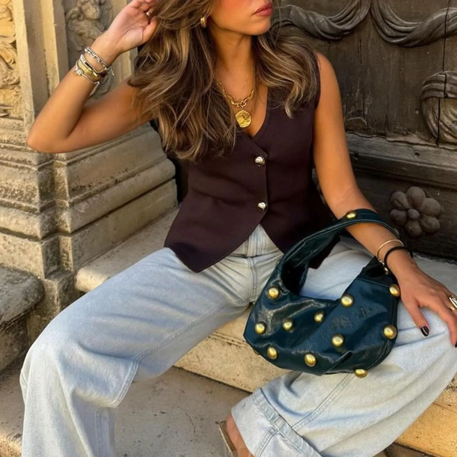 FindThy Womens Cropped Knit Vest V Neck Button Up Solid Color Sleeveless Gilet Tank Tops