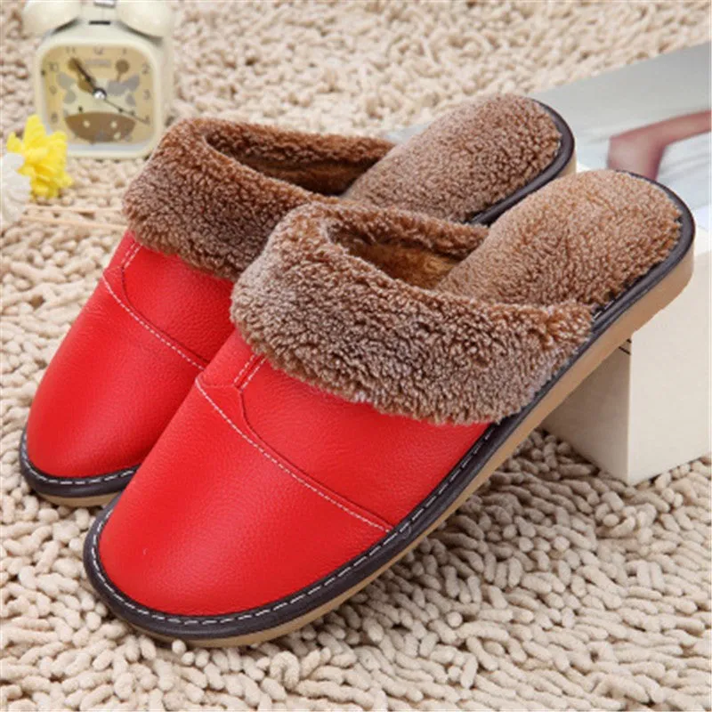 High Quality Winter Warm Home Slippers Couples Genuine Cow Leather Leisure Lamb Wool Cow Muscle Women Men Indoor Floor Slippers