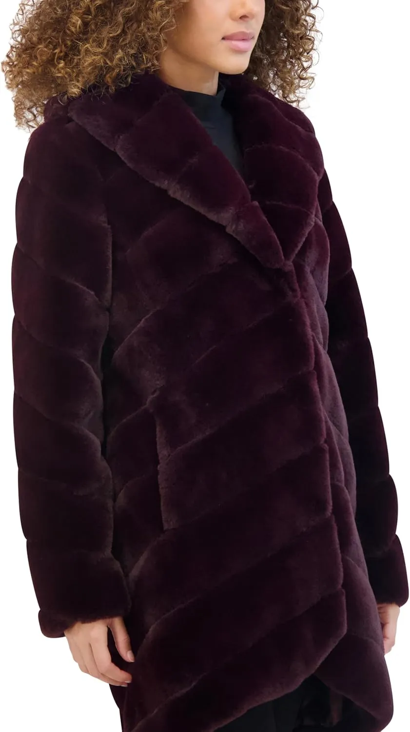Kenneth Cole Women's Plush Grooved Faux Mink Coat with Shawl Collar