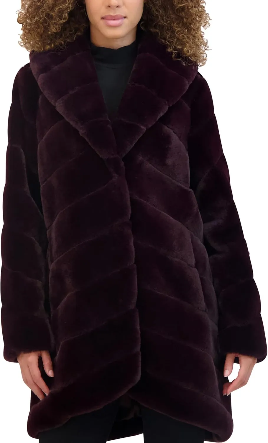 Kenneth Cole Women's Plush Grooved Faux Mink Coat with Shawl Collar
