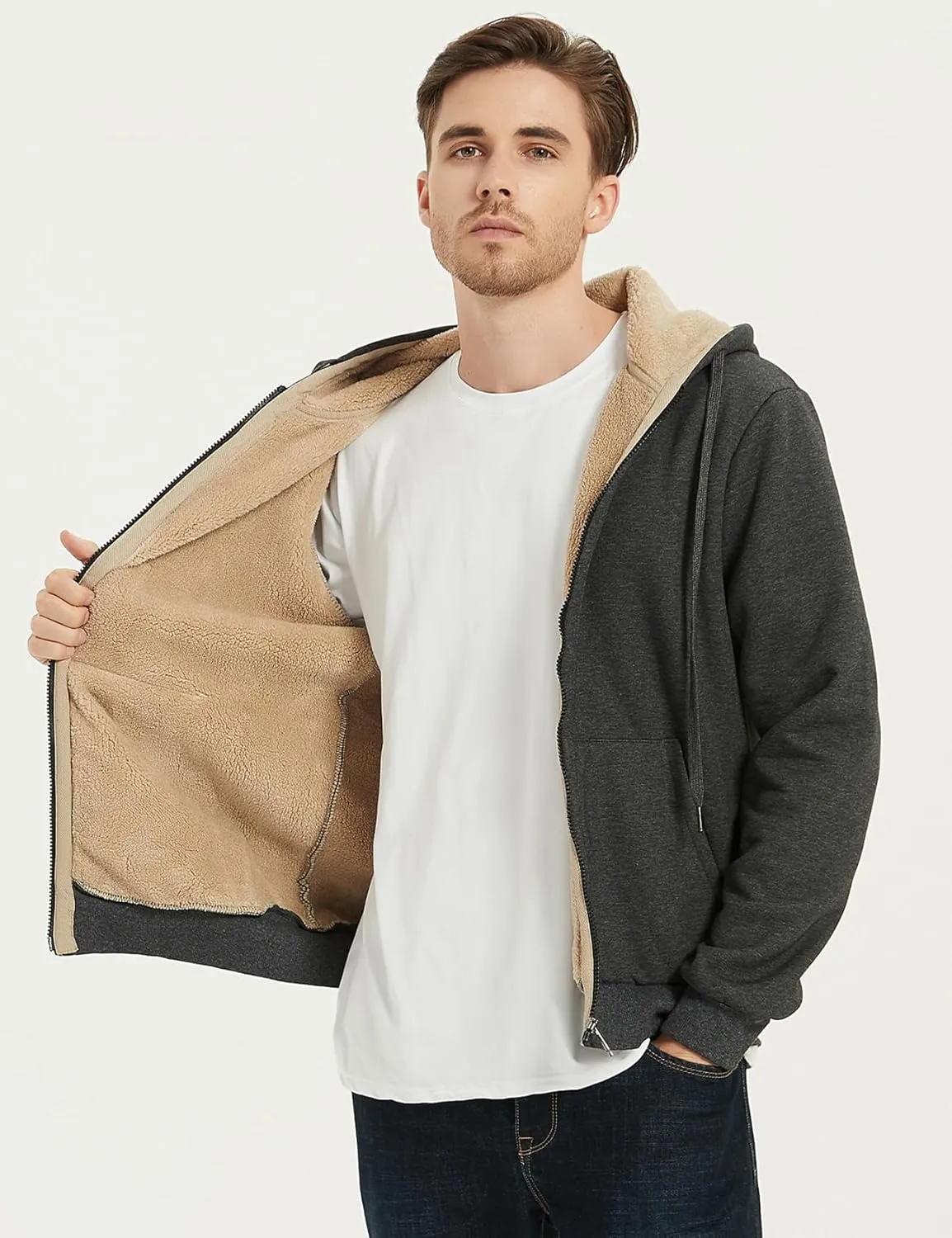 PEHMEA Men's Warm Thicken Fleece Hoodie Sherpa Lined Full-Zip Sweatshirt Jacket