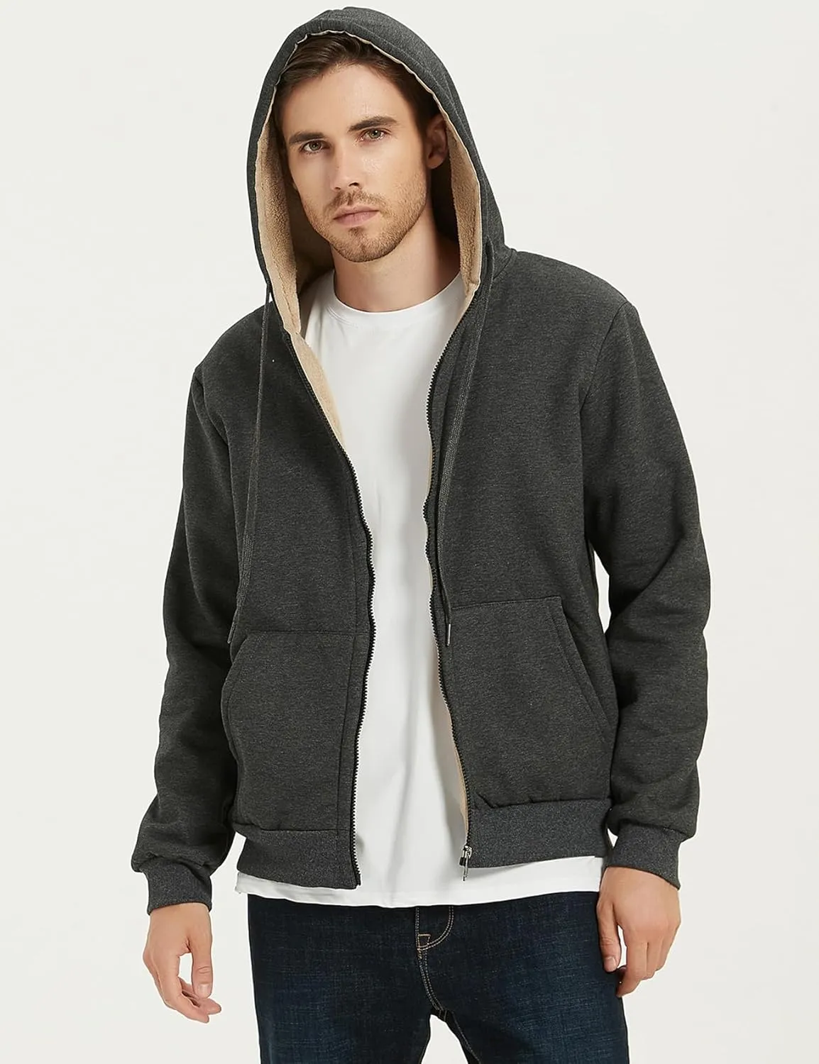 PEHMEA Men's Warm Thicken Fleece Hoodie Sherpa Lined Full-Zip Sweatshirt Jacket