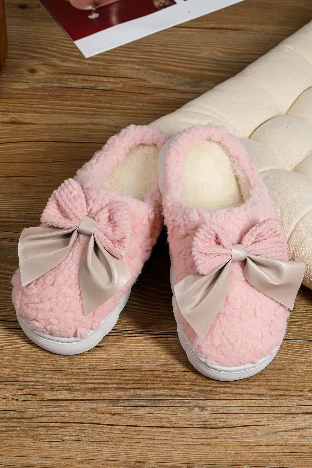 Pink Contrast Bowknot Applique Plush Winter Slippers
