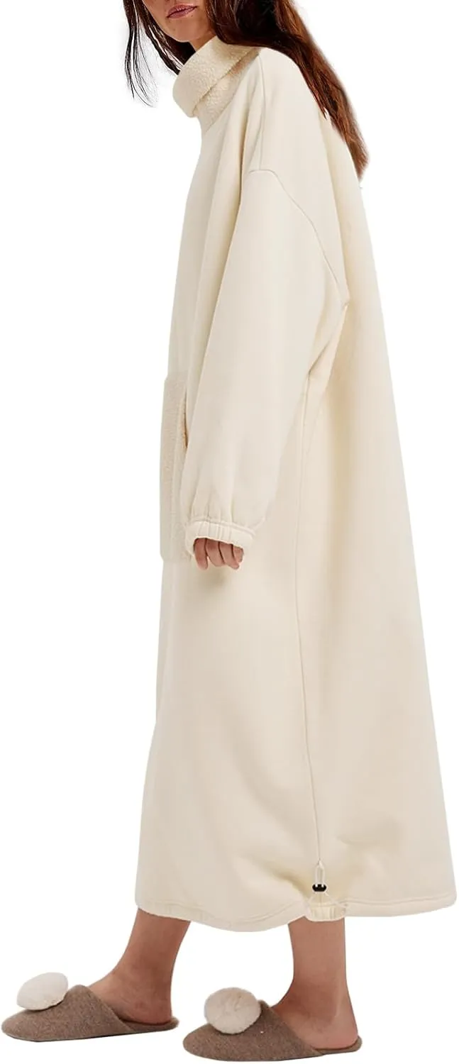 ReachMe Womens Oversized Long Fleece Sweatshirt Dresses Thickening Lounge Maxi Dress Plush Turtleneck Pullover Nightgowns