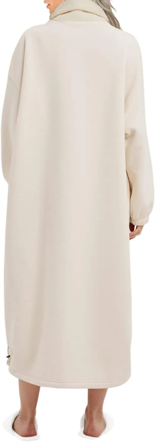 ReachMe Womens Oversized Long Fleece Sweatshirt Dresses Thickening Lounge Maxi Dress Plush Turtleneck Pullover Nightgowns