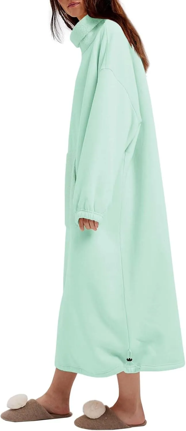 ReachMe Womens Oversized Long Fleece Sweatshirt Dresses Thickening Lounge Maxi Dress Plush Turtleneck Pullover Nightgowns