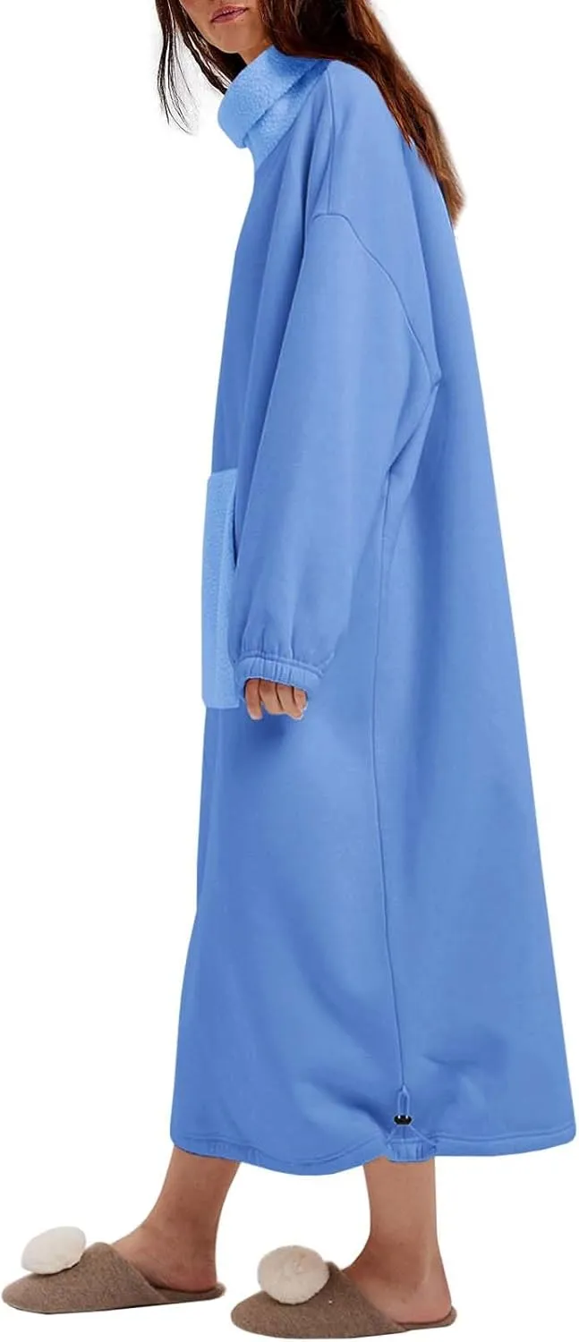 ReachMe Womens Oversized Long Fleece Sweatshirt Dresses Thickening Lounge Maxi Dress Plush Turtleneck Pullover Nightgowns
