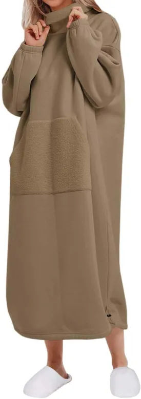 ReachMe Womens Oversized Long Fleece Sweatshirt Dresses Thickening Lounge Maxi Dress Plush Turtleneck Pullover Nightgowns