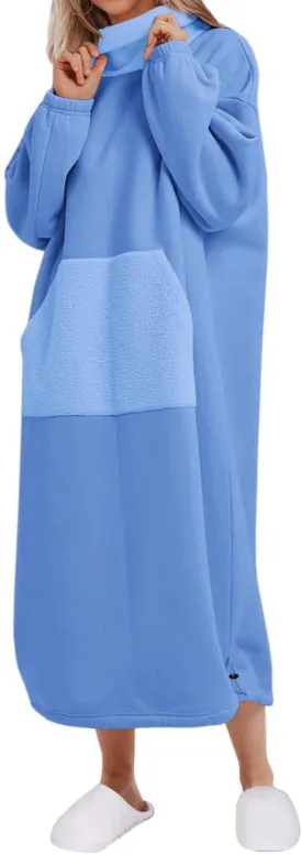 ReachMe Womens Oversized Long Fleece Sweatshirt Dresses Thickening Lounge Maxi Dress Plush Turtleneck Pullover Nightgowns