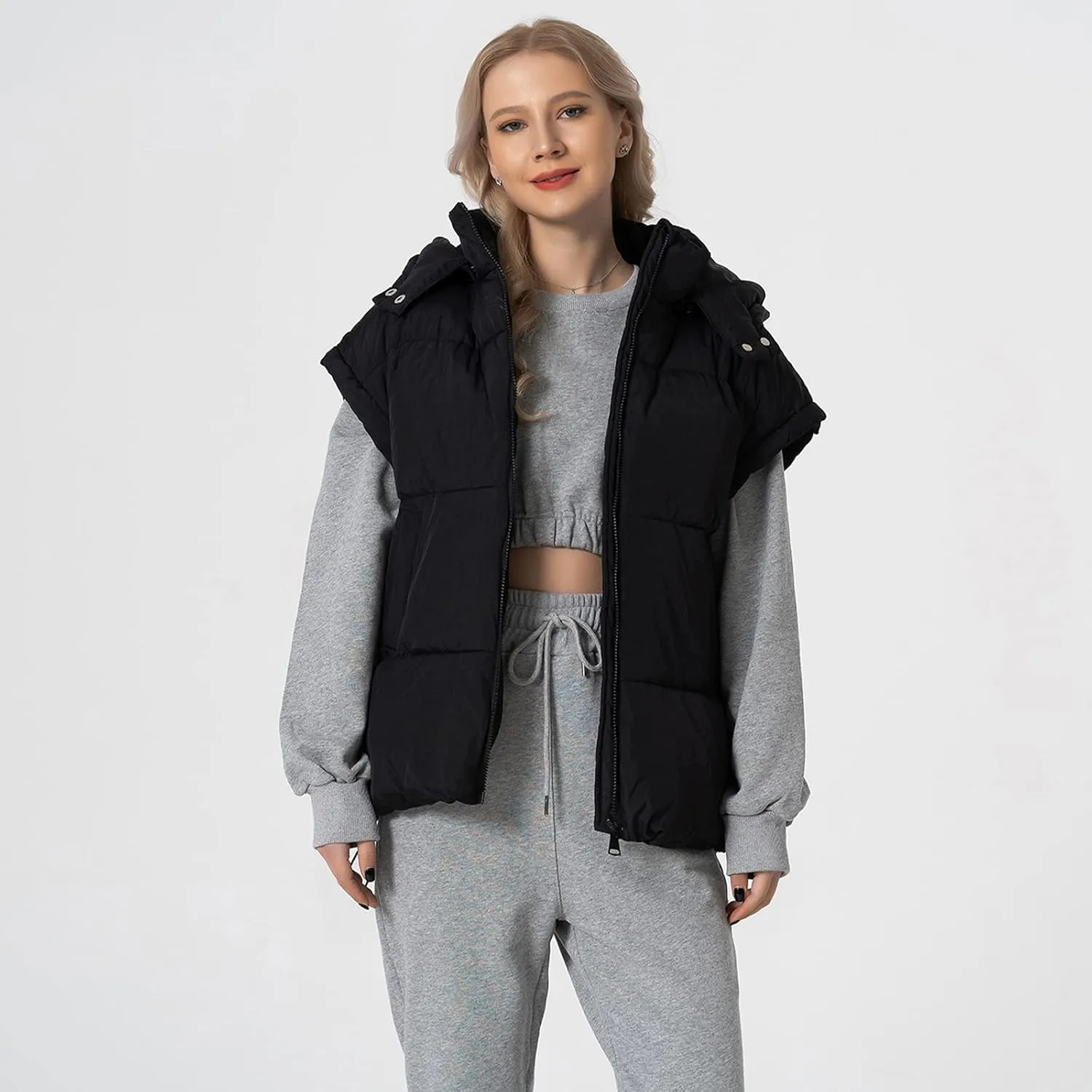 Shiyifa Womens Oversized Puffer Vest Sleeveless Lightweight Zip Up Padded Gilet Warm Coat Outwear with Detachable Hood