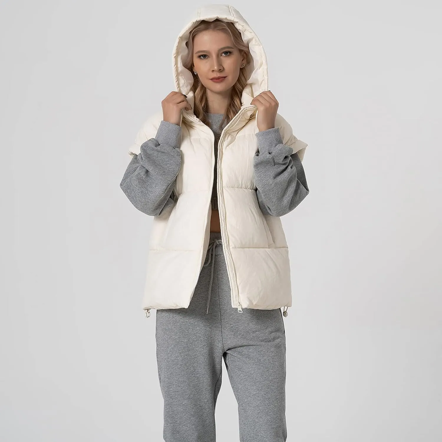 Shiyifa Womens Oversized Puffer Vest Sleeveless Lightweight Zip Up Padded Gilet Warm Coat Outwear with Detachable Hood