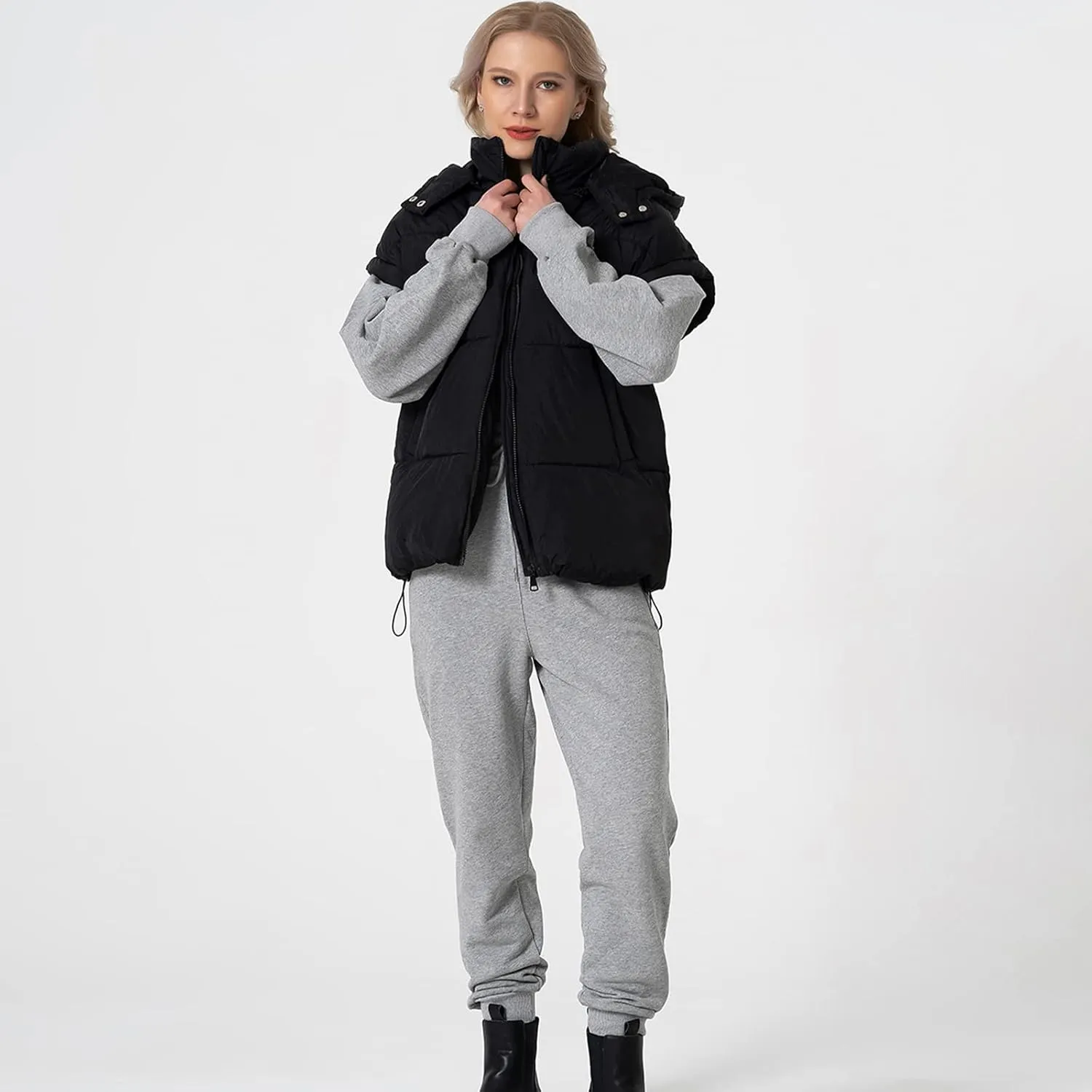 Shiyifa Womens Oversized Puffer Vest Sleeveless Lightweight Zip Up Padded Gilet Warm Coat Outwear with Detachable Hood