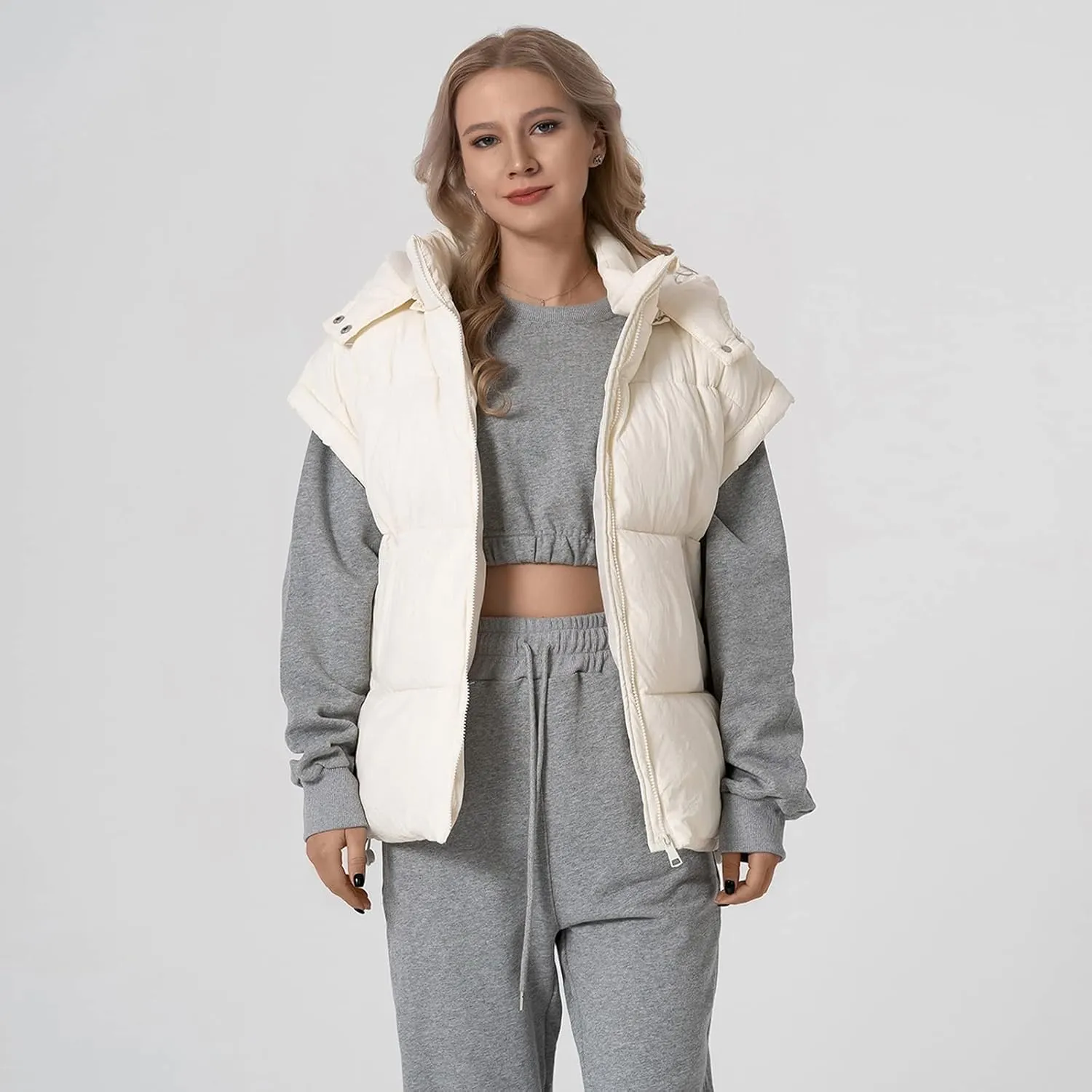 Shiyifa Womens Oversized Puffer Vest Sleeveless Lightweight Zip Up Padded Gilet Warm Coat Outwear with Detachable Hood