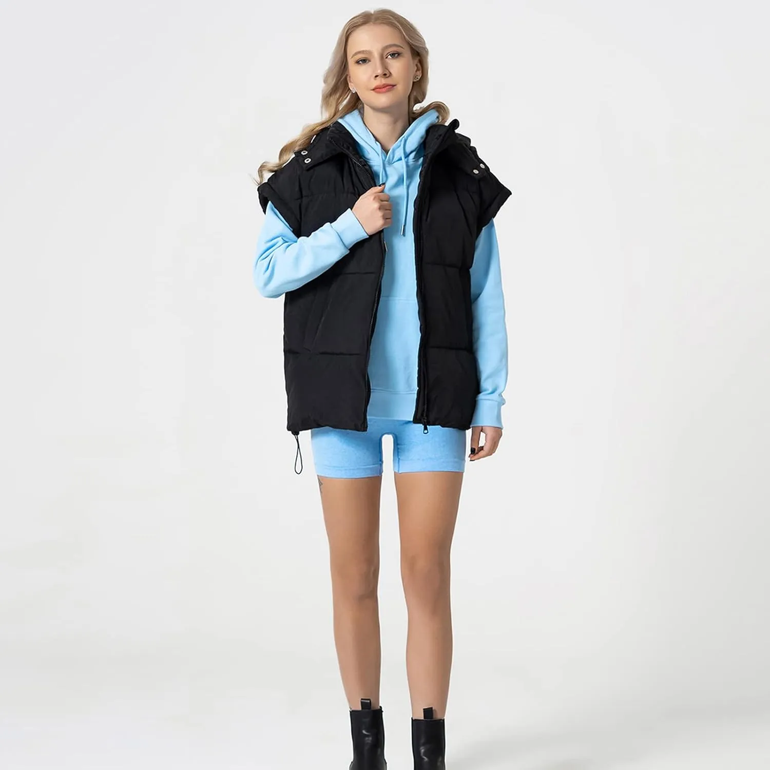 Shiyifa Womens Oversized Puffer Vest Sleeveless Lightweight Zip Up Padded Gilet Warm Coat Outwear with Detachable Hood
