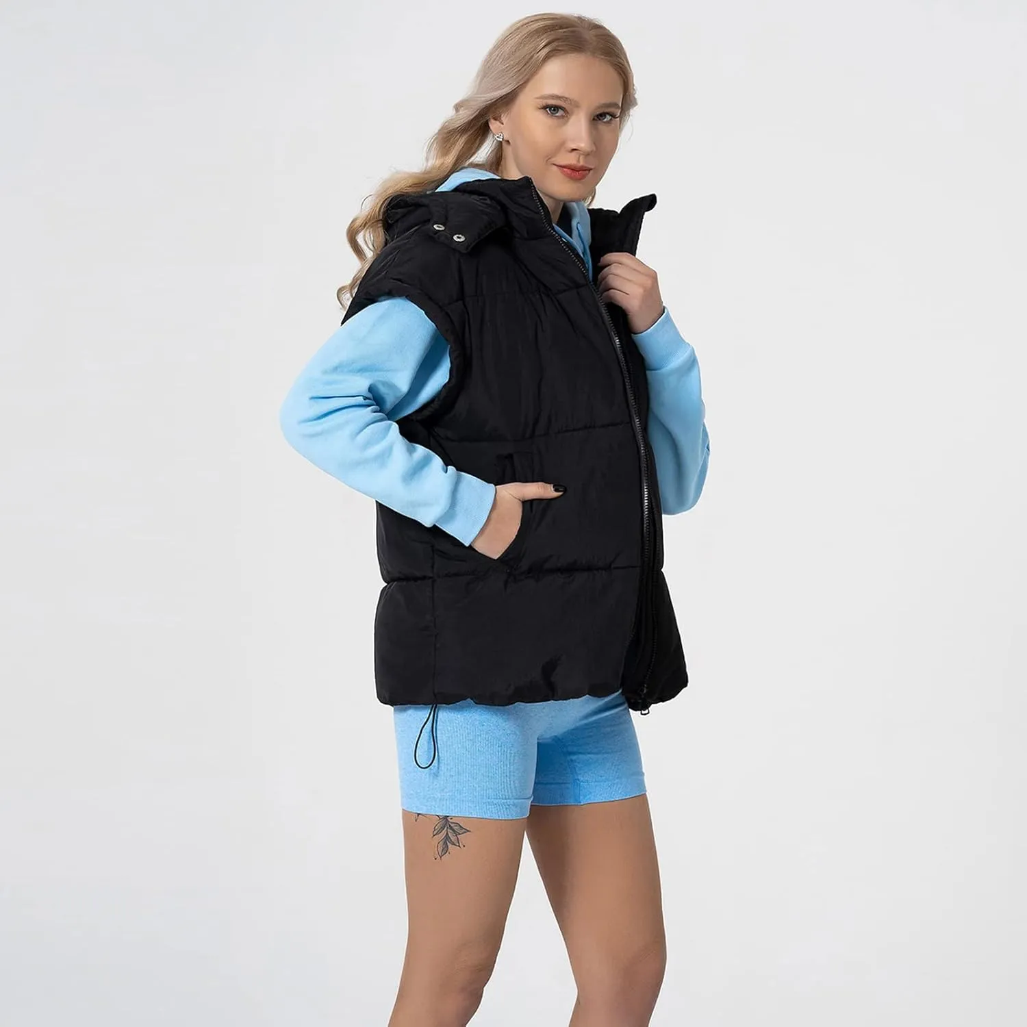 Shiyifa Womens Oversized Puffer Vest Sleeveless Lightweight Zip Up Padded Gilet Warm Coat Outwear with Detachable Hood