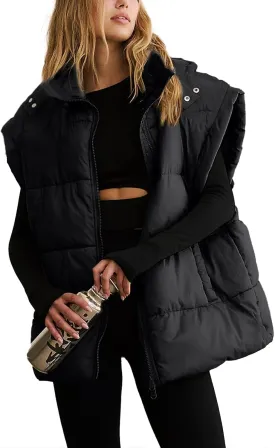 Shiyifa Womens Oversized Puffer Vest Sleeveless Lightweight Zip Up Padded Gilet Warm Coat Outwear with Detachable Hood