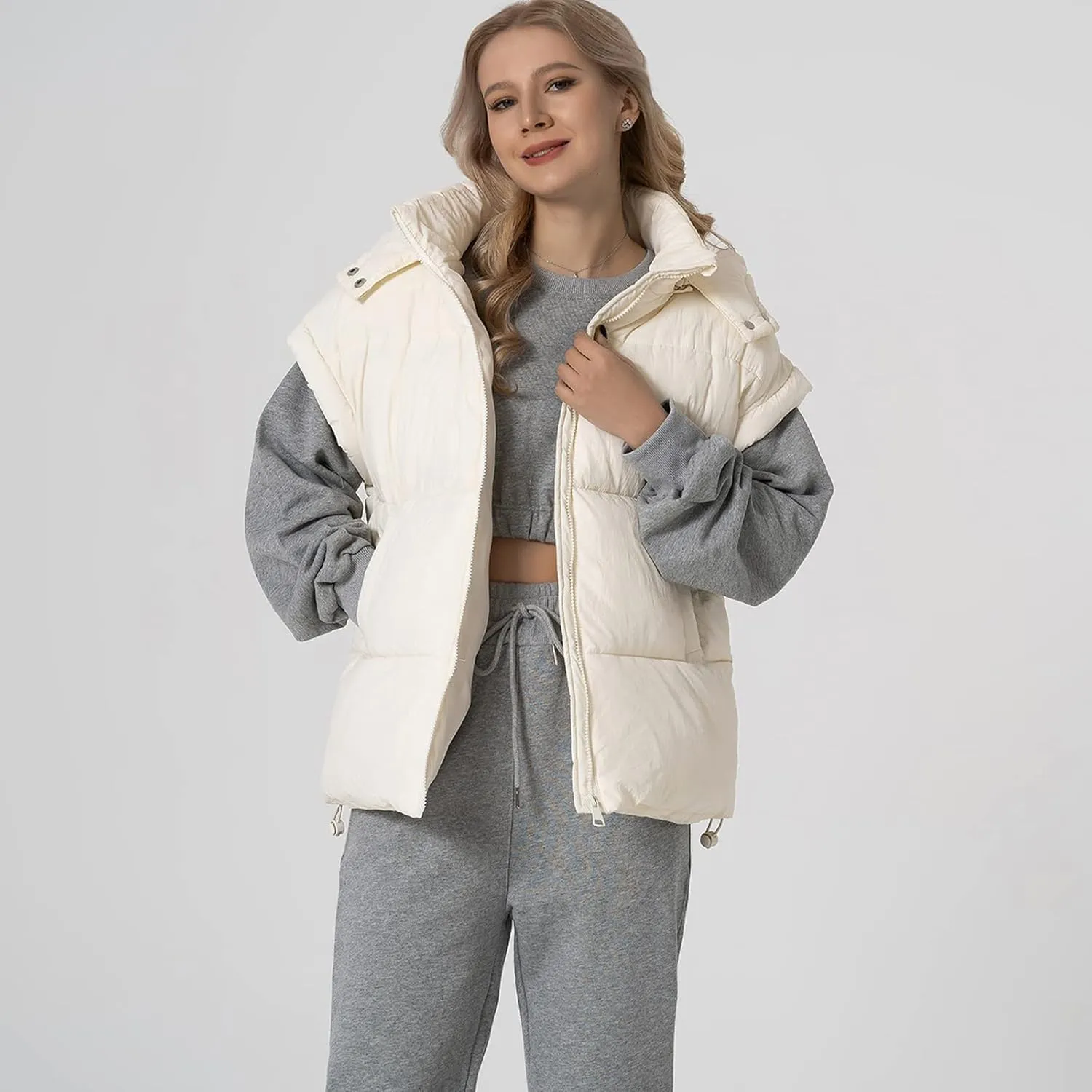 Shiyifa Womens Oversized Puffer Vest Sleeveless Lightweight Zip Up Padded Gilet Warm Coat Outwear with Detachable Hood