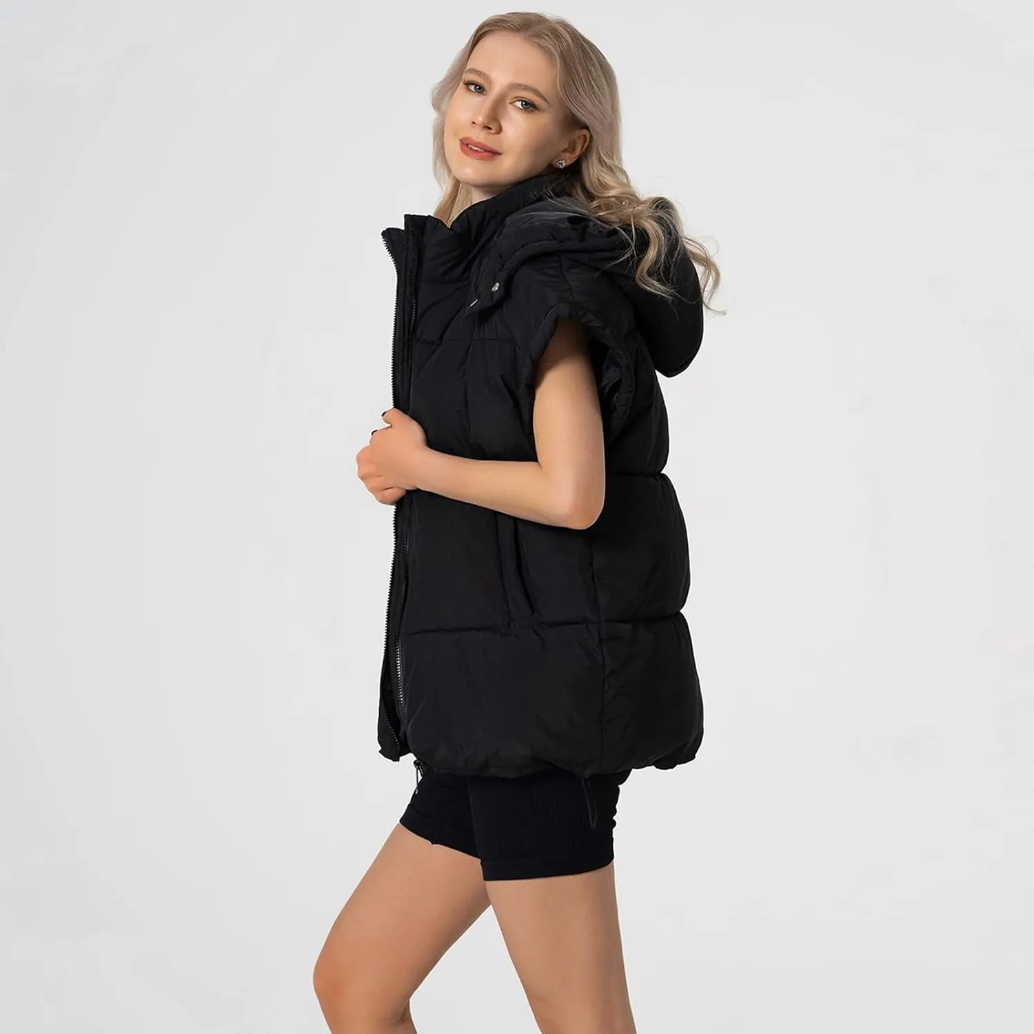 Shiyifa Womens Oversized Puffer Vest Sleeveless Lightweight Zip Up Padded Gilet Warm Coat Outwear with Detachable Hood