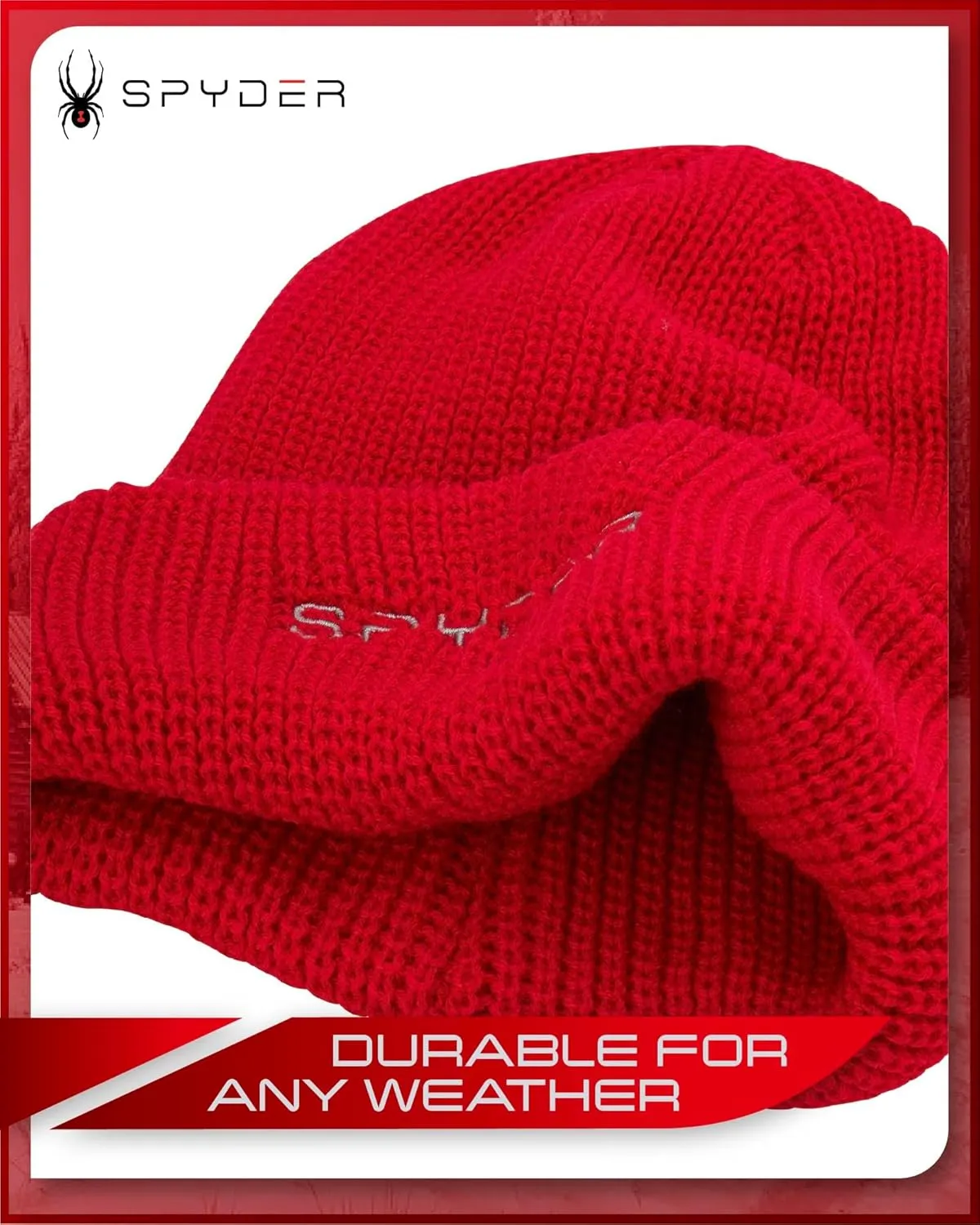 Spyder Men's Beanie - Cozy Plush Sherpa Fur Lined Ribbed Knit Cuff Winter Hat for Men with Embroidered and Rubber Logo Patch
