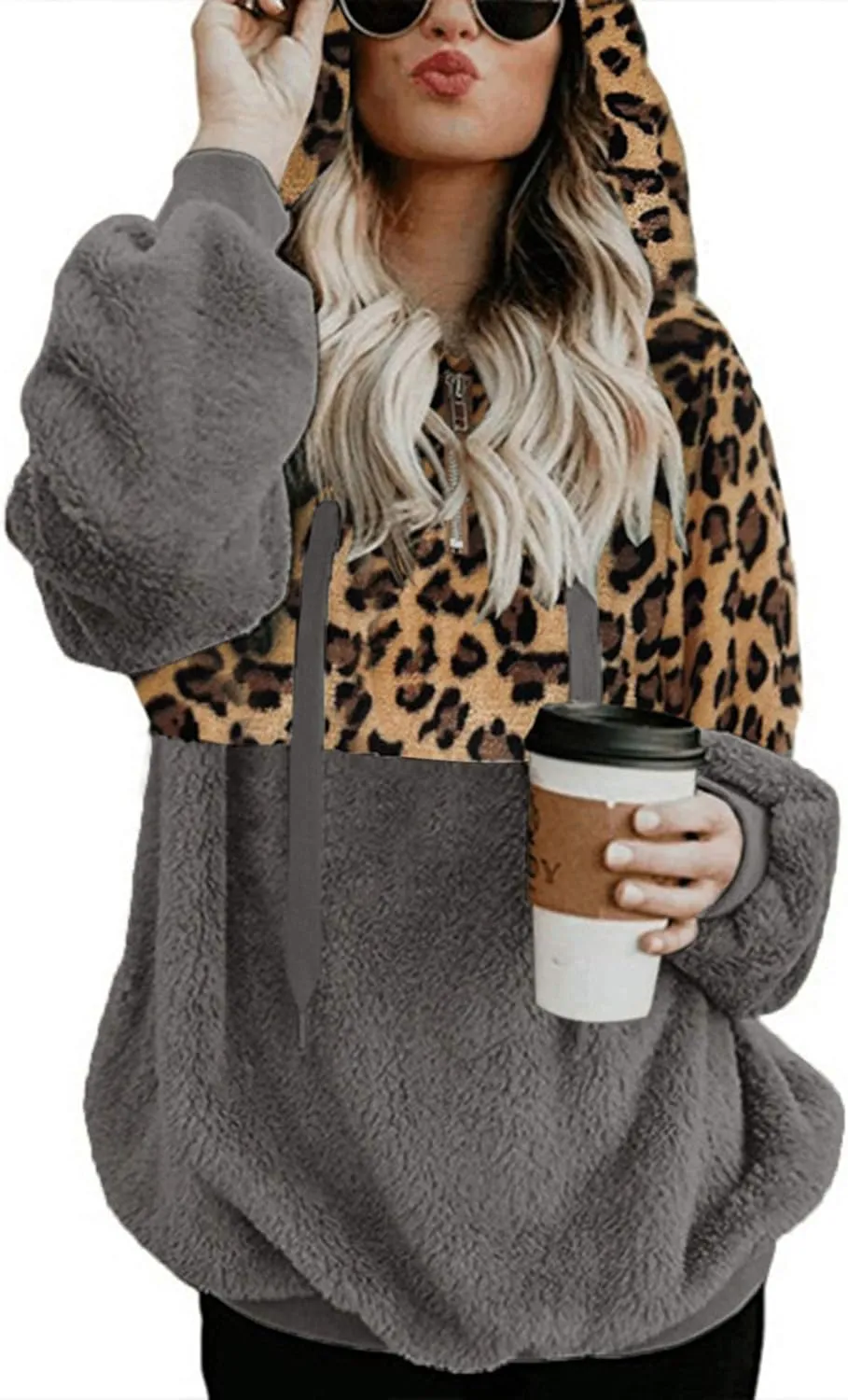 Women Casual Double Fuzzy Sweatshirt Faux Fleece Zip Pullover Hoodies Coat Outwear S-XXL