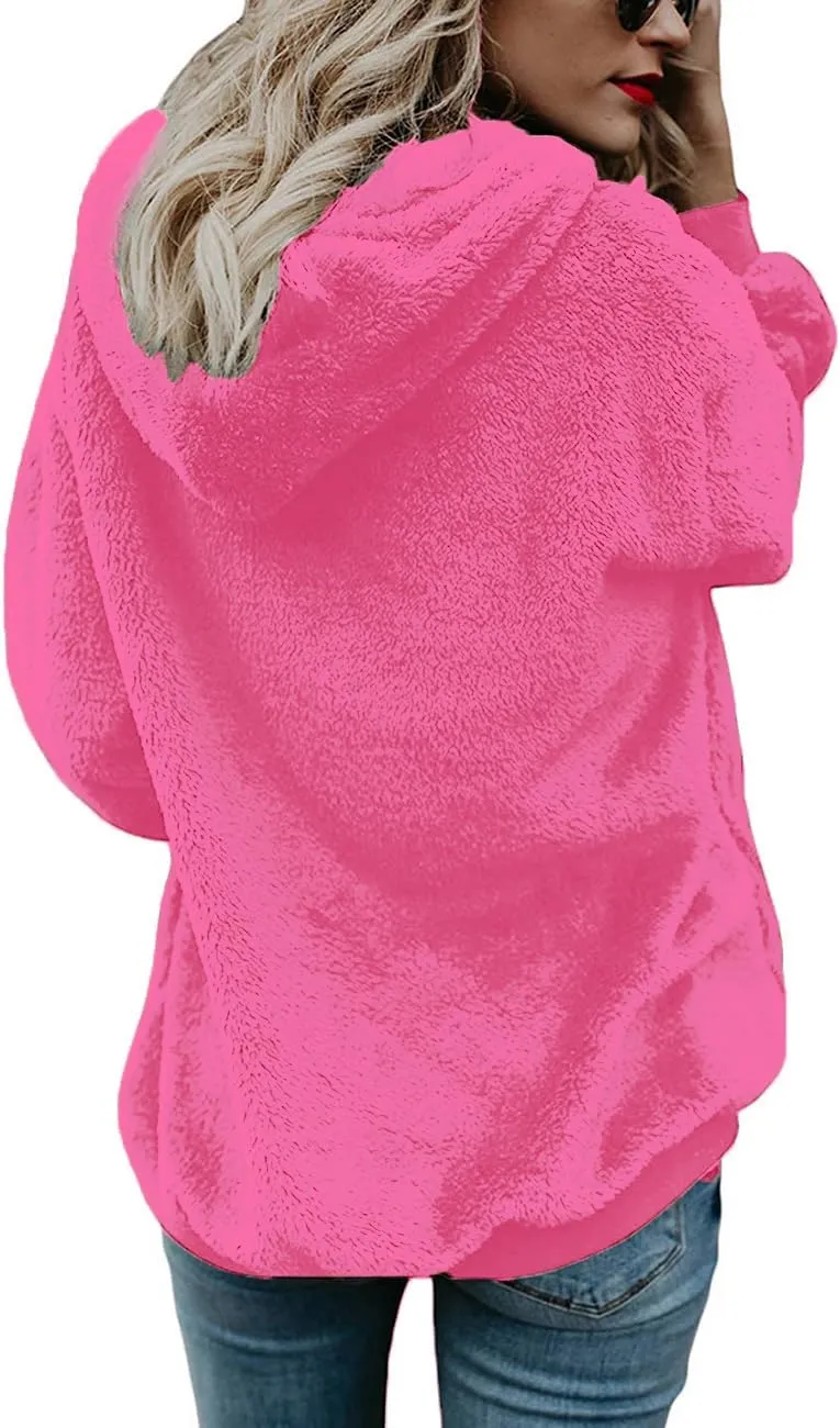 Women Casual Double Fuzzy Sweatshirt Faux Fleece Zip Pullover Hoodies Coat Outwear S-XXL