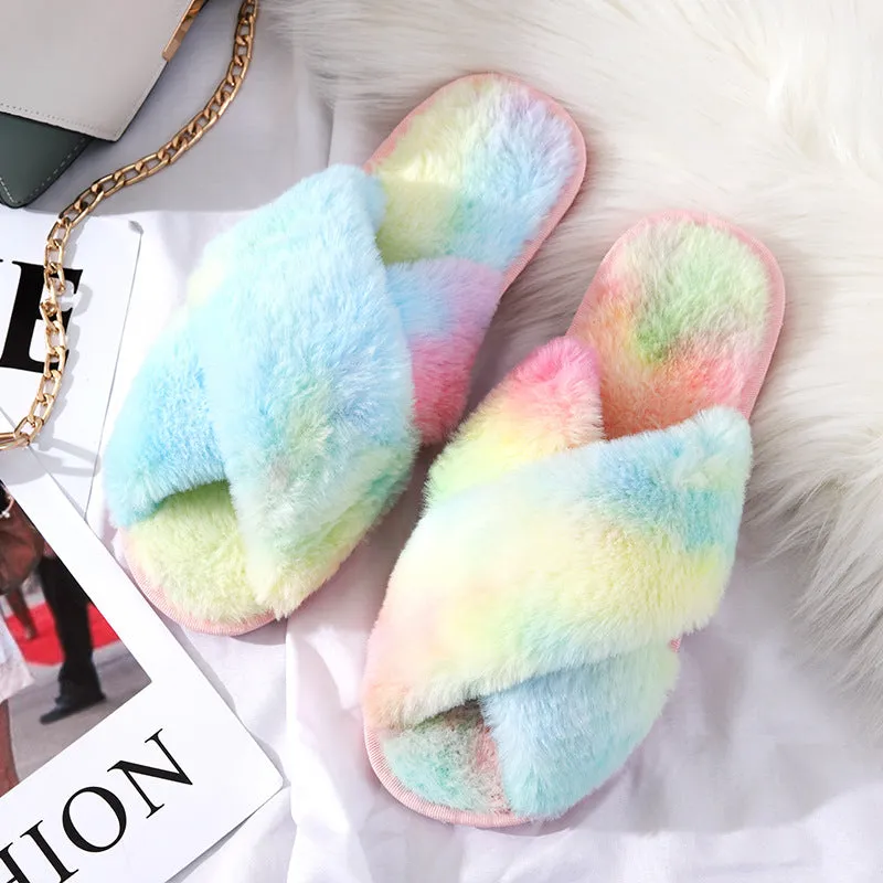 Womens Plush Rainbow Colored Criss Cross Slippers