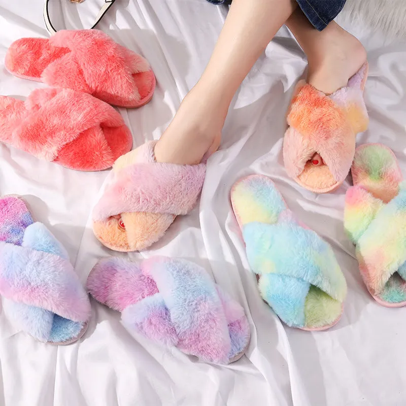 Womens Plush Rainbow Colored Criss Cross Slippers