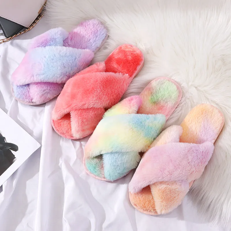 Womens Plush Rainbow Colored Criss Cross Slippers