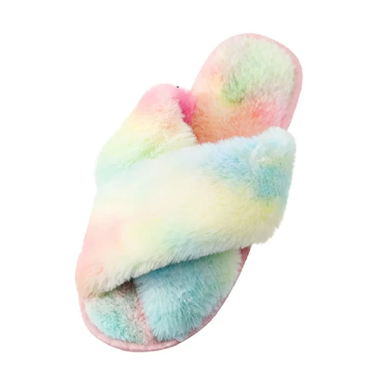 Womens Plush Rainbow Colored Criss Cross Slippers