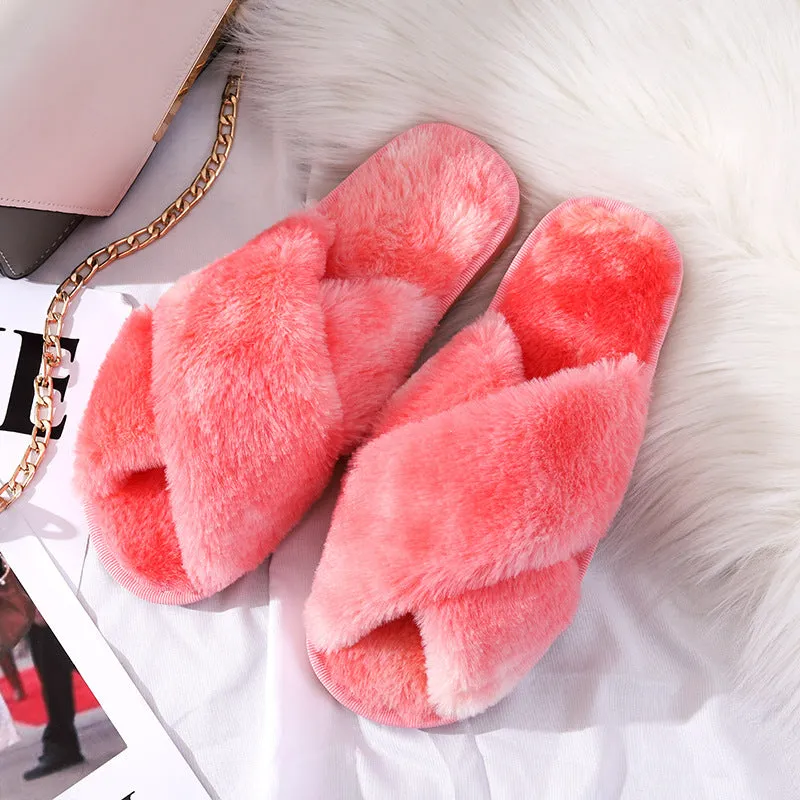 Womens Plush Rainbow Colored Criss Cross Slippers