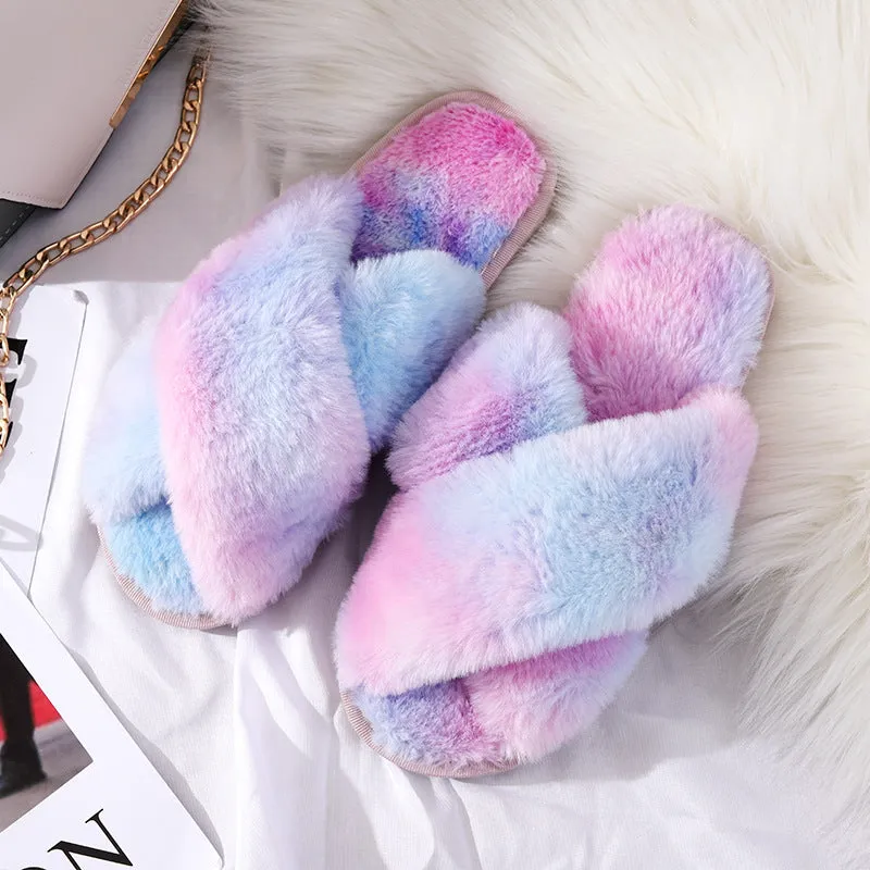 Womens Plush Rainbow Colored Criss Cross Slippers