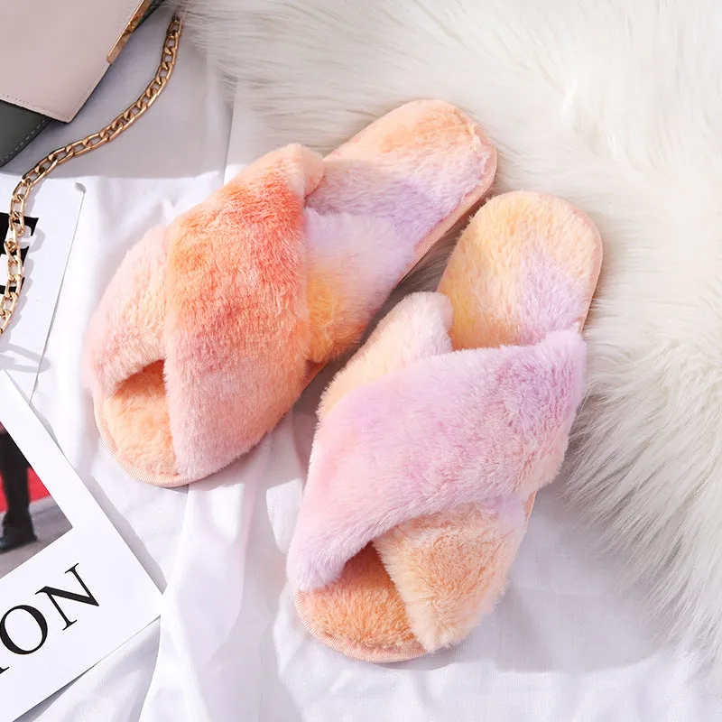 Womens Plush Rainbow Colored Criss Cross Slippers